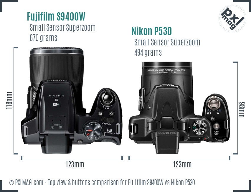 Fujifilm S9400W vs Nikon P530 top view buttons comparison