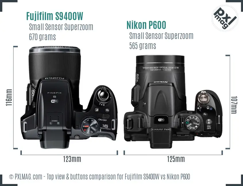 Fujifilm S9400W vs Nikon P600 top view buttons comparison