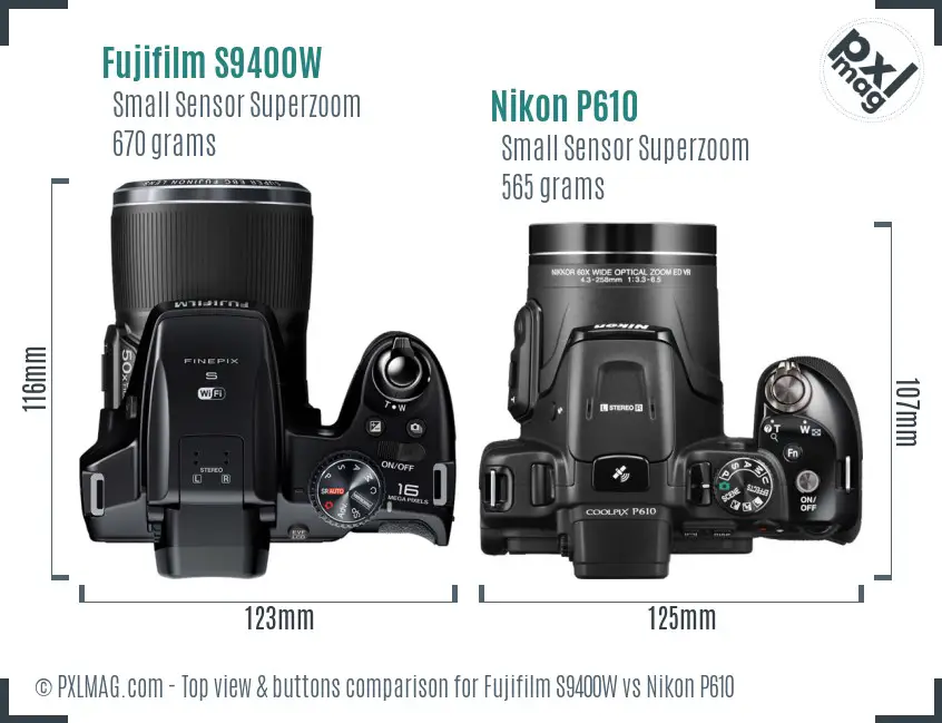 Fujifilm S9400W vs Nikon P610 top view buttons comparison Fujifilm S9400W vs Nikon P610 top view buttons comparison