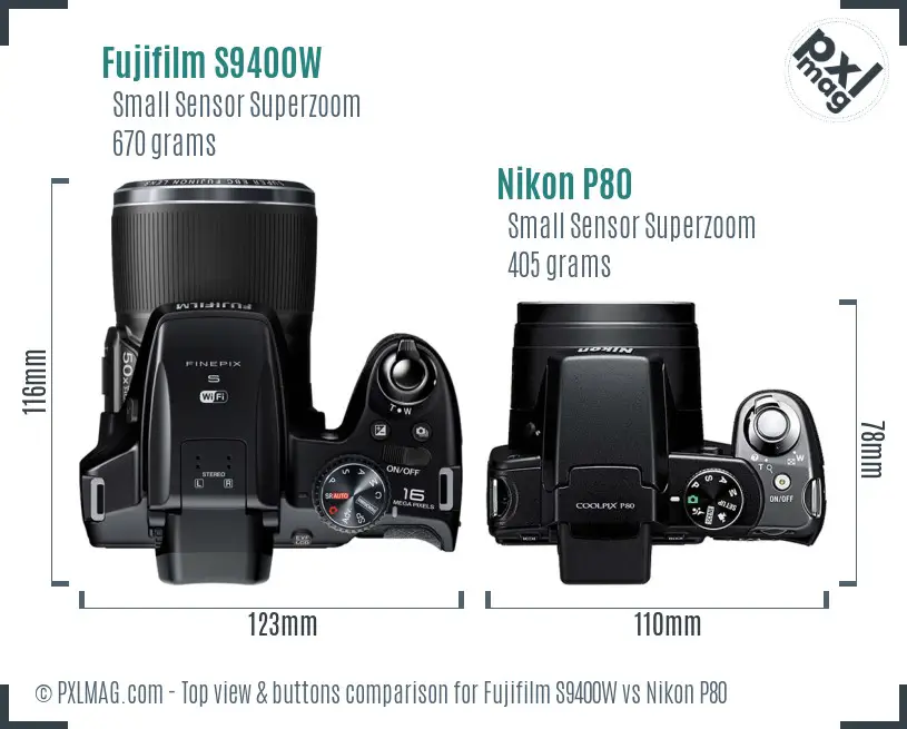Fujifilm S9400W vs Nikon P80 top view buttons comparison