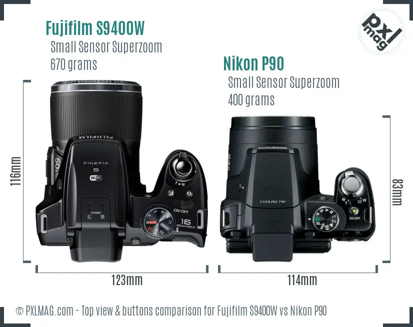 Fujifilm S9400W vs Nikon P90 top view buttons comparison
