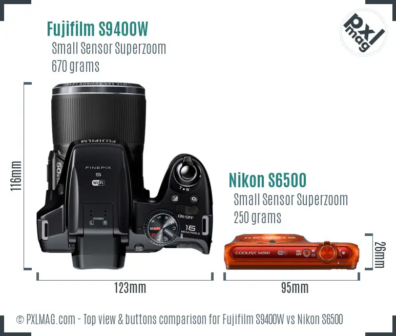 Fujifilm S9400W vs Nikon S6500 top view buttons comparison