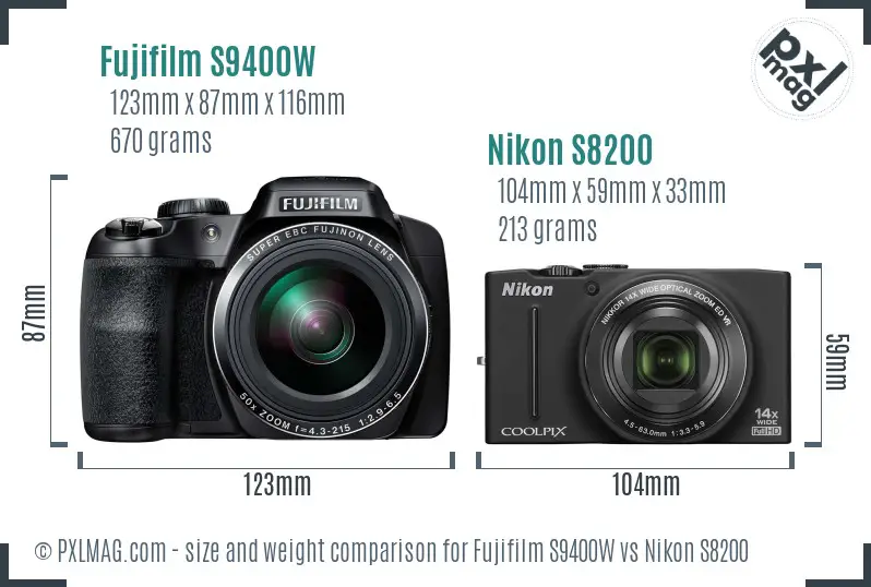 Fujifilm S9400W vs Nikon S8200 size comparison