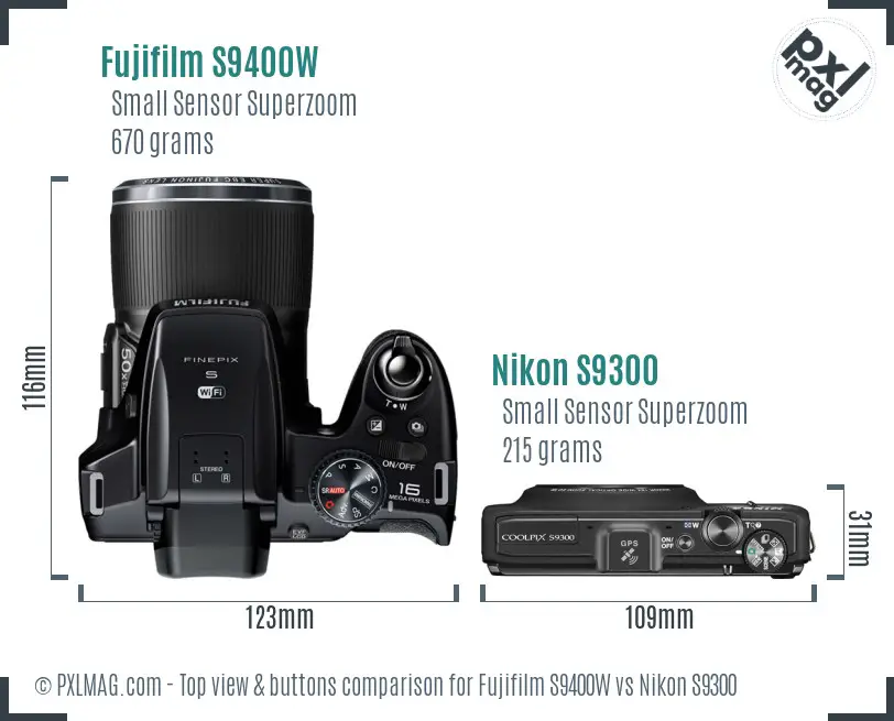 Fujifilm S9400W vs Nikon S9300 top view buttons comparison