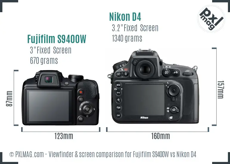 Fujifilm S9400W vs Nikon D4 Screen and Viewfinder comparison