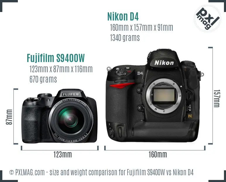 Fujifilm S9400W vs Nikon D4 size comparison