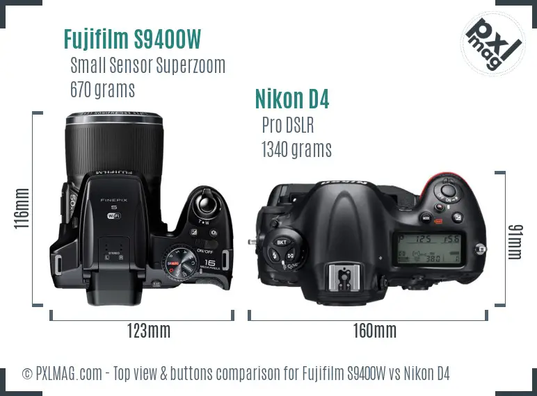 Fujifilm S9400W vs Nikon D4 top view buttons comparison
