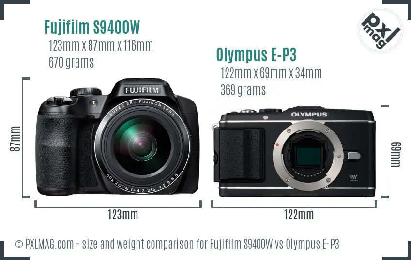 Fujifilm S9400W vs Olympus E-P3 size comparison