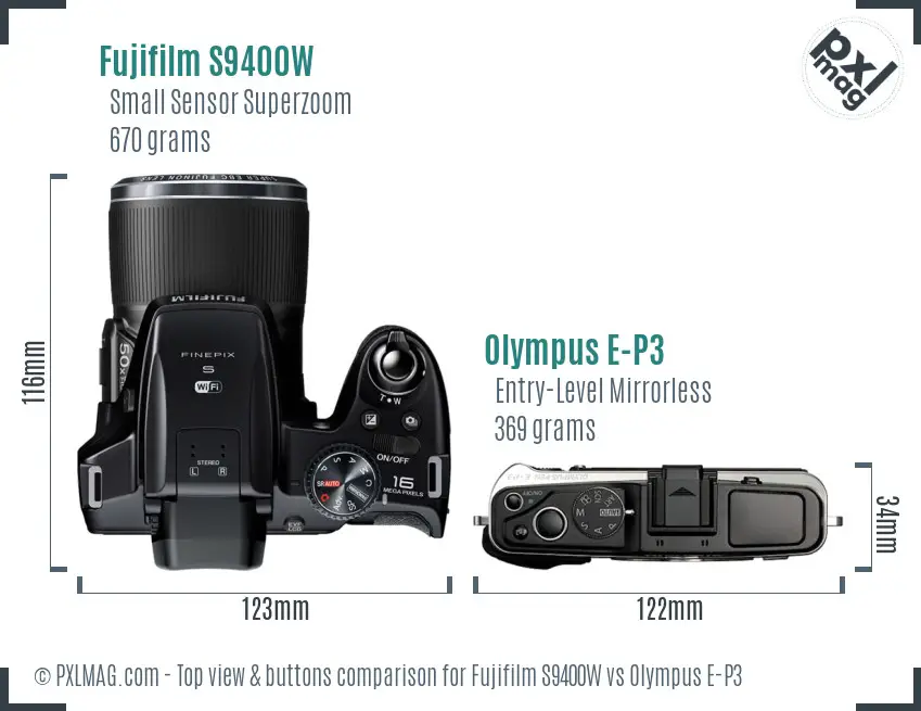 Fujifilm S9400W vs Olympus E-P3 top view buttons comparison