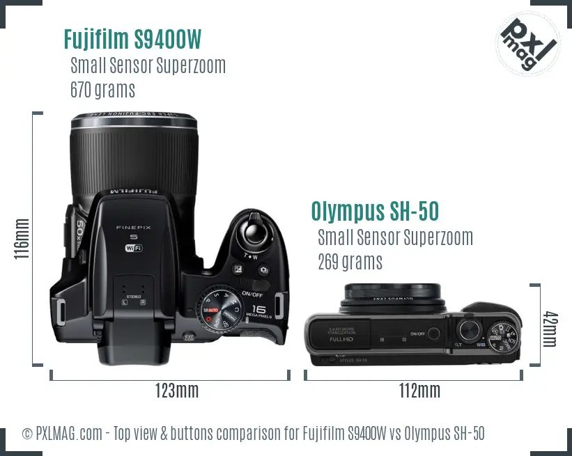 Fujifilm S9400W vs Olympus SH-50 top view buttons comparison
