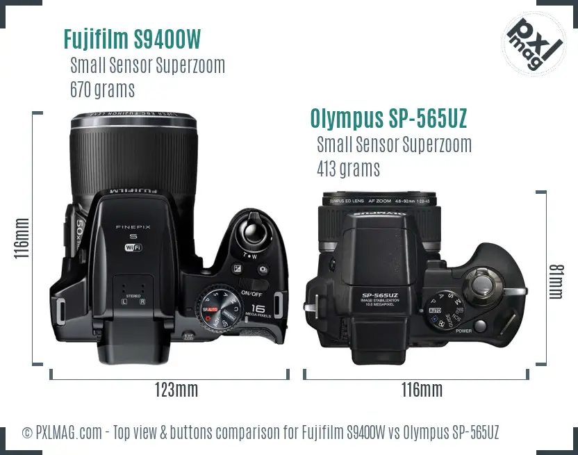Fujifilm S9400W vs Olympus SP-565UZ top view buttons comparison