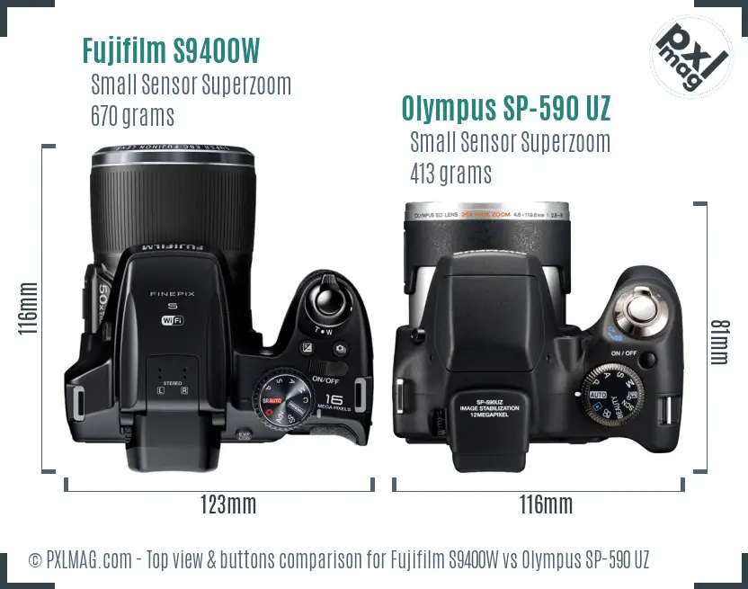 Fujifilm S9400W vs Olympus SP-590 UZ top view buttons comparison