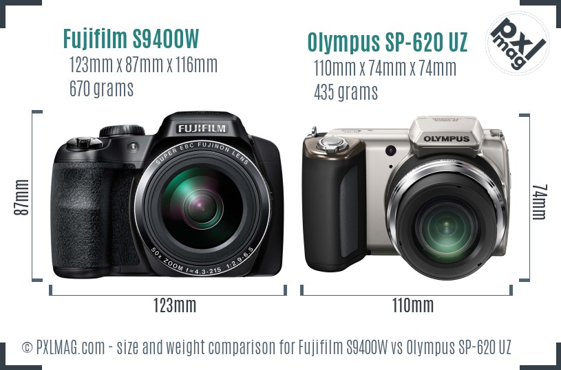 Fujifilm S9400W vs Olympus SP-620 UZ size comparison Fujifilm S9400W vs Olympus SP-620 UZ size comparison