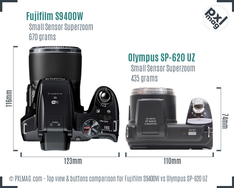 Fujifilm S9400W vs Olympus SP-620 UZ top view buttons comparison