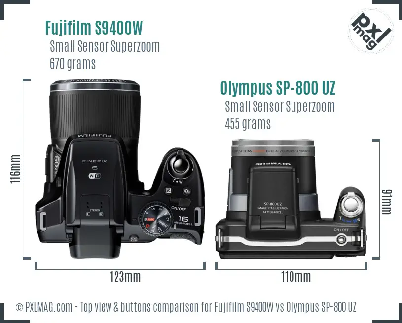 Fujifilm S9400W vs Olympus SP-800 UZ top view buttons comparison