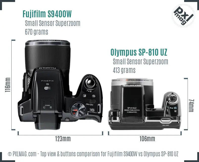Fujifilm S9400W vs Olympus SP-810 UZ top view buttons comparison