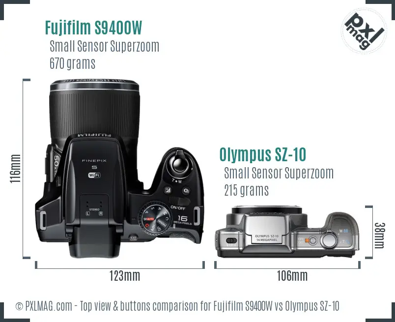 Fujifilm S9400W vs Olympus SZ-10 top view buttons comparison