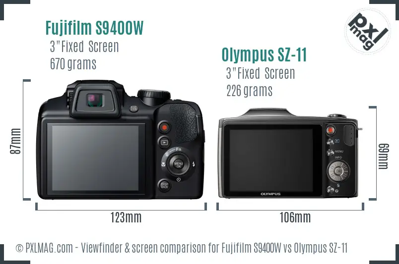 Fujifilm S9400W vs Olympus SZ-11 Screen and Viewfinder comparison