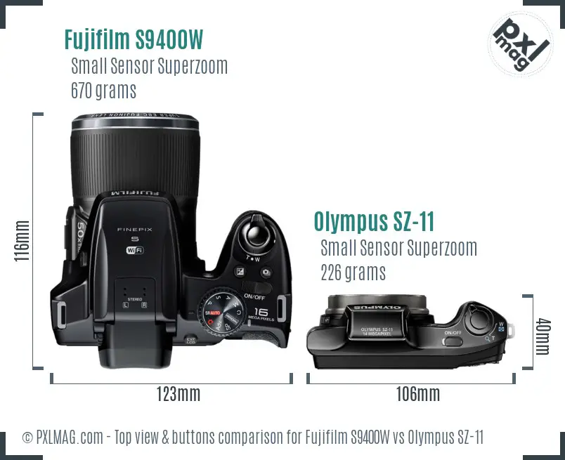 Fujifilm S9400W vs Olympus SZ-11 top view buttons comparison