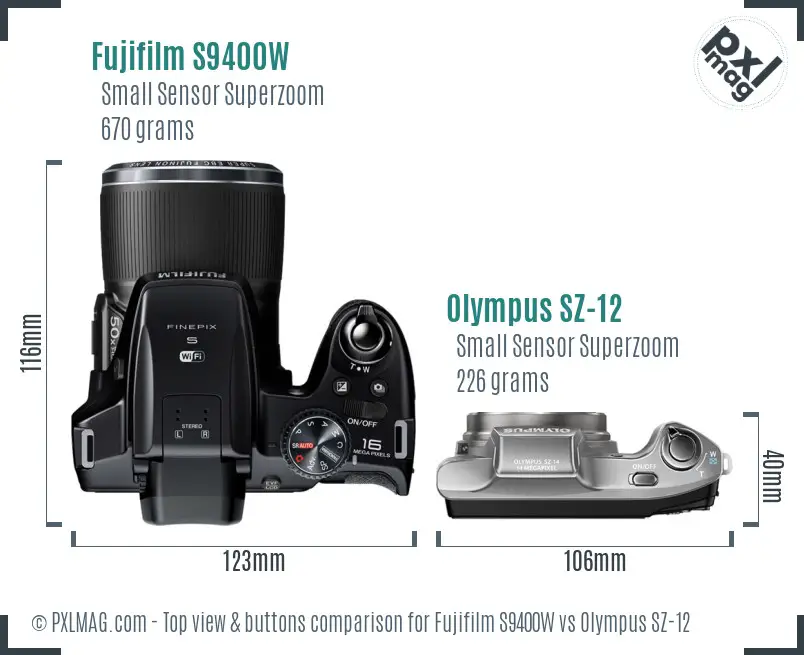 Fujifilm S9400W vs Olympus SZ-12 top view buttons comparison Fujifilm S9400W vs Olympus SZ-12 top view buttons comparison