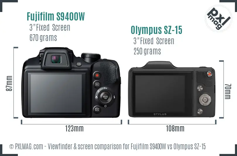 Fujifilm S9400W vs Olympus SZ-15 Screen and Viewfinder comparison