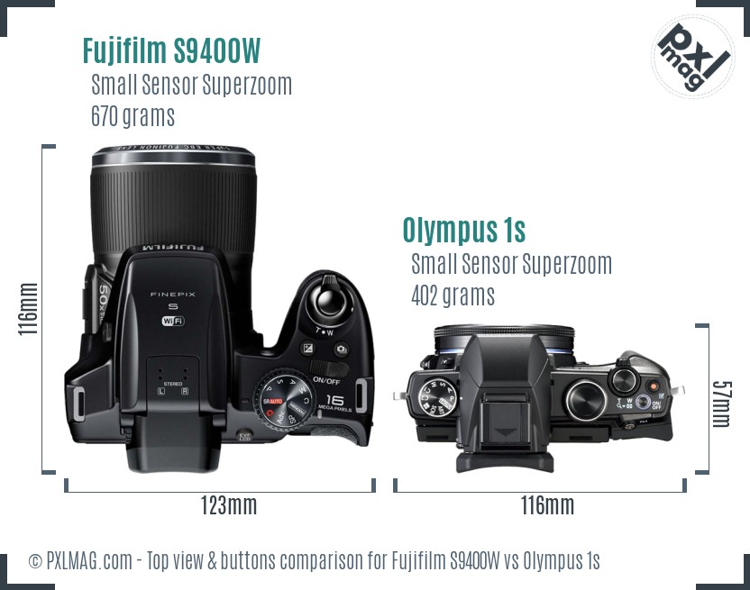 Fujifilm S9400W vs Olympus 1s top view buttons comparison
