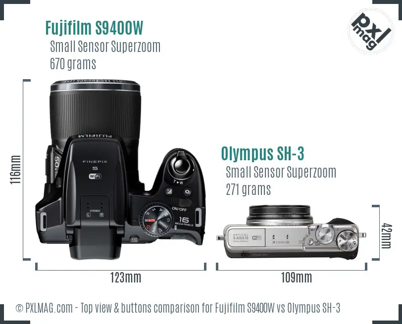 Fujifilm S9400W vs Olympus SH-3 top view buttons comparison