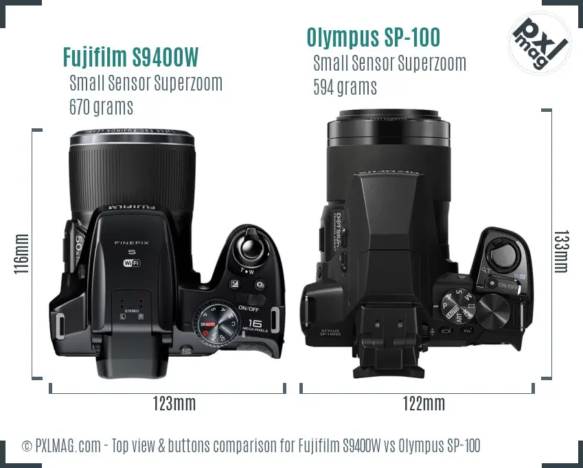 Fujifilm S9400W vs Olympus SP-100 top view buttons comparison