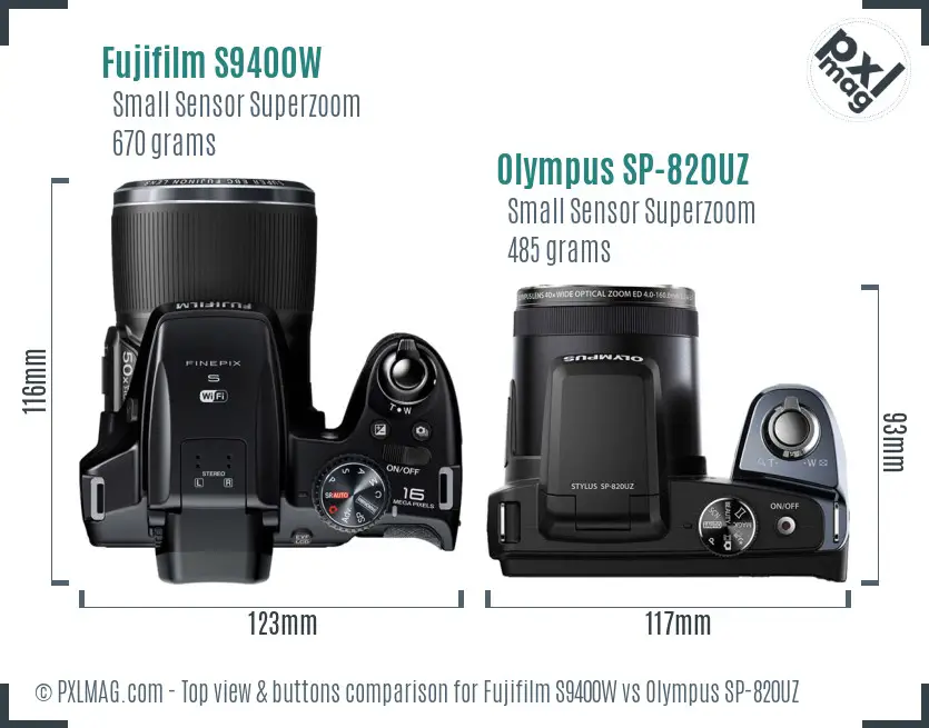 Fujifilm S9400W vs Olympus SP-820UZ top view buttons comparison Fujifilm S9400W vs Olympus SP-820UZ top view buttons comparison