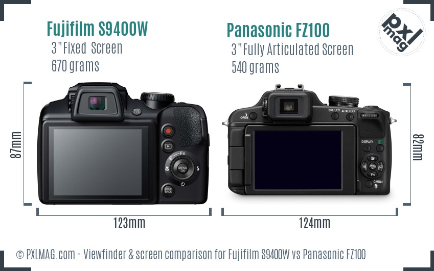 Fujifilm S9400W vs Panasonic FZ100 Screen and Viewfinder comparison