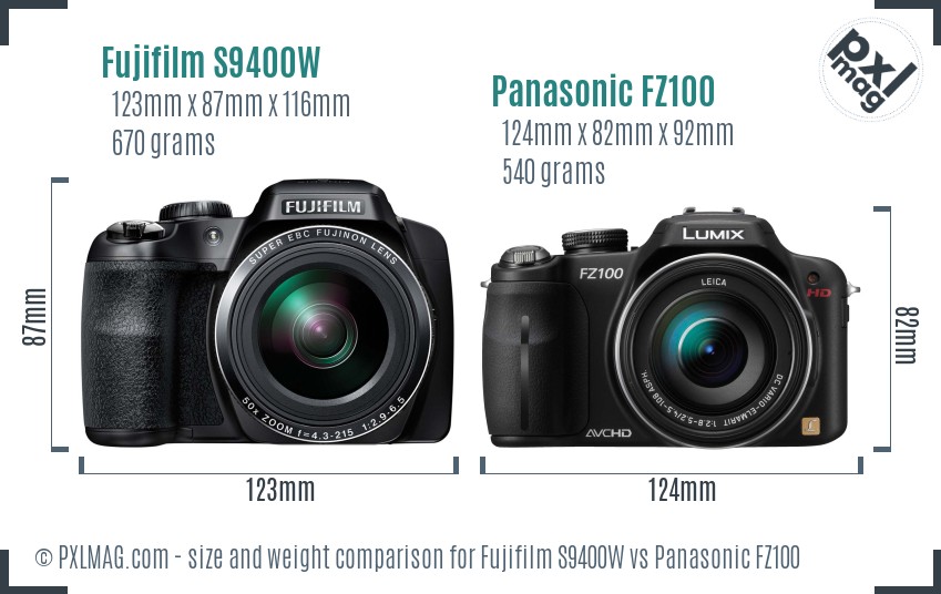 Fujifilm S9400W vs Panasonic FZ100 size comparison