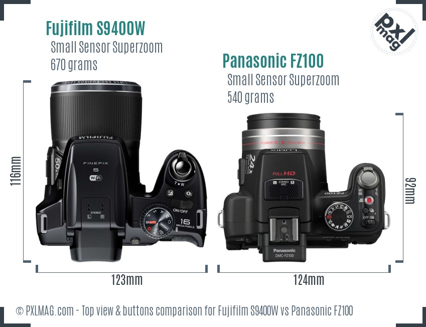 Fujifilm S9400W vs Panasonic FZ100 top view buttons comparison