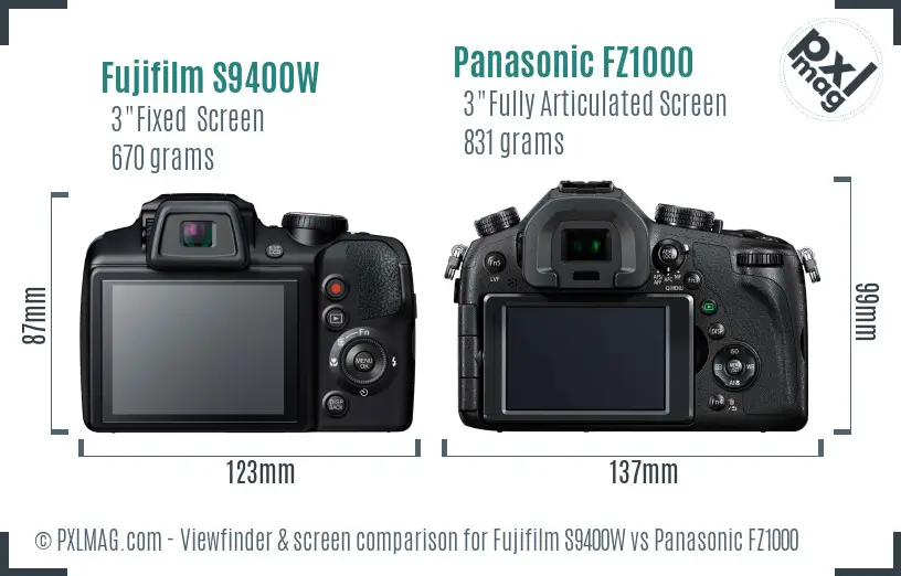 Fujifilm S9400W vs Panasonic FZ1000 Screen and Viewfinder comparison