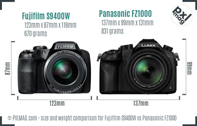 Fujifilm S9400W vs Panasonic FZ1000 size comparison