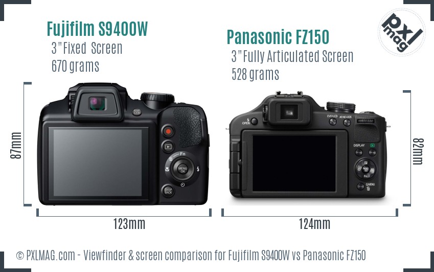 Fujifilm S9400W vs Panasonic FZ150 Screen and Viewfinder comparison
