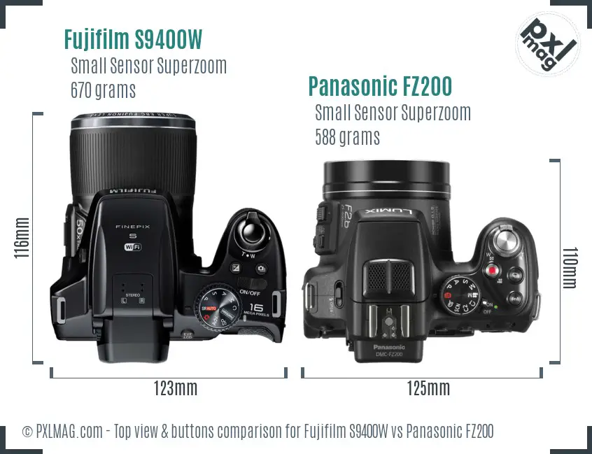 Fujifilm S9400W vs Panasonic FZ200 top view buttons comparison