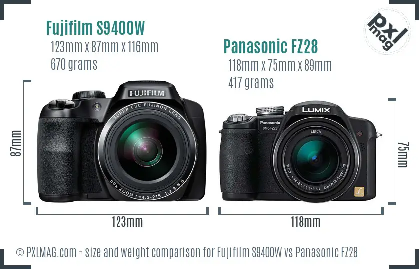 Fujifilm S9400W vs Panasonic FZ28 size comparison