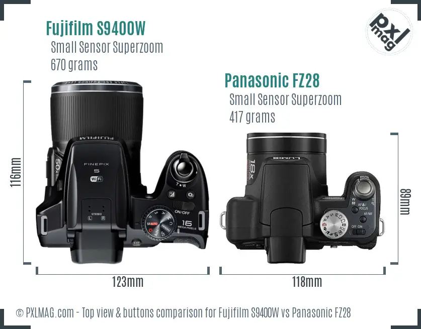 Fujifilm S9400W vs Panasonic FZ28 top view buttons comparison