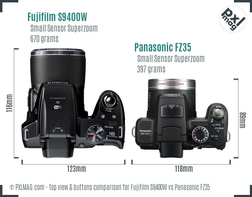 Fujifilm S9400W vs Panasonic FZ35 top view buttons comparison Fujifilm S9400W vs Panasonic FZ35 top view buttons comparison