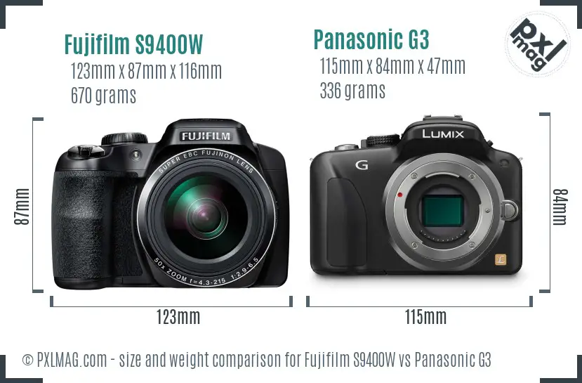 Fujifilm S9400W vs Panasonic G3 size comparison