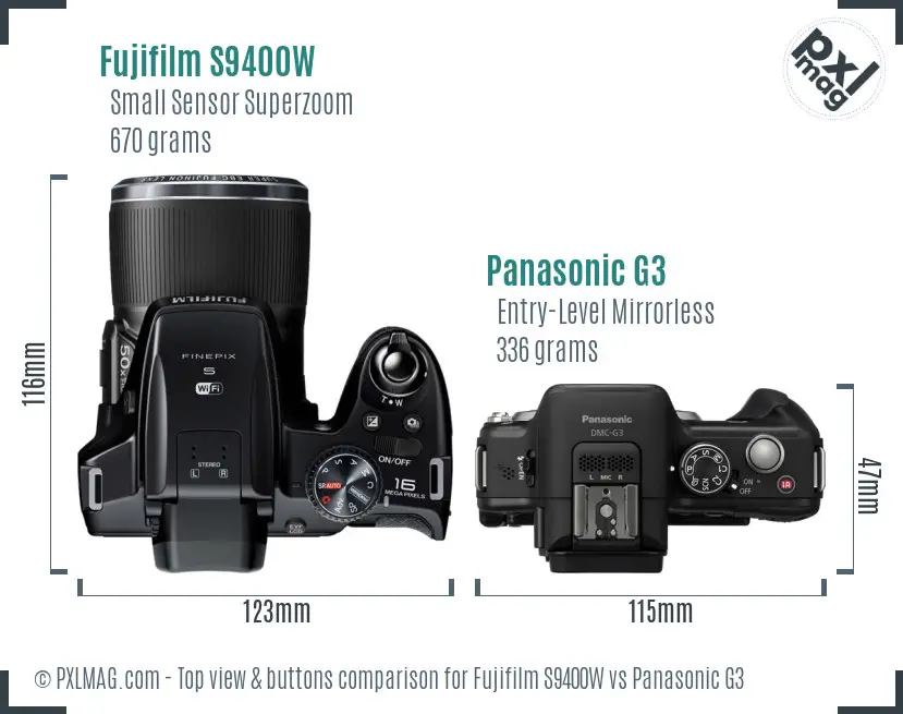 Fujifilm S9400W vs Panasonic G3 top view buttons comparison