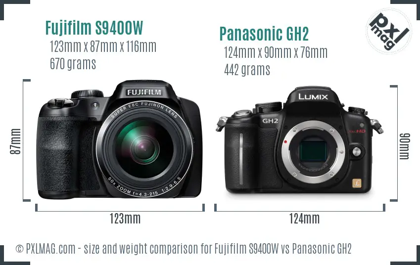 Fujifilm S9400W vs Panasonic GH2 size comparison