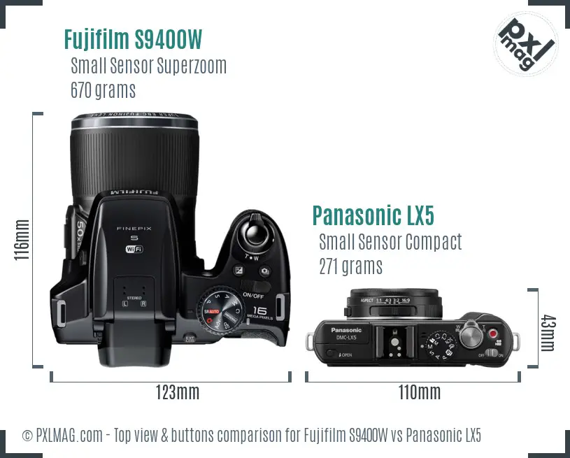 Fujifilm S9400W vs Panasonic LX5 top view buttons comparison