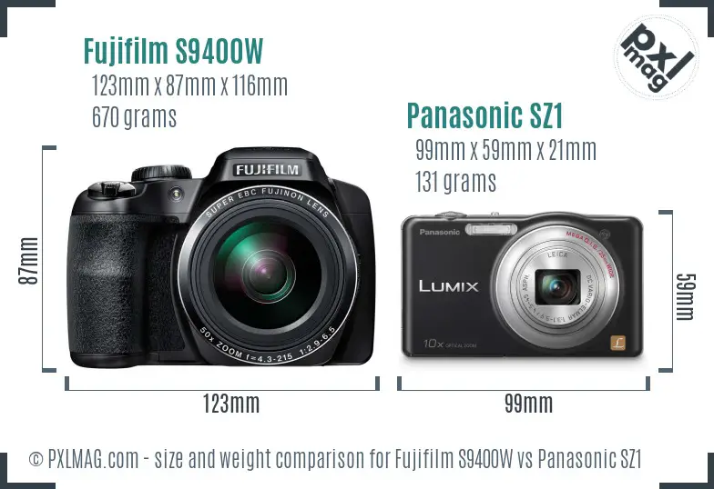 Fujifilm S9400W vs Panasonic SZ1 size comparison