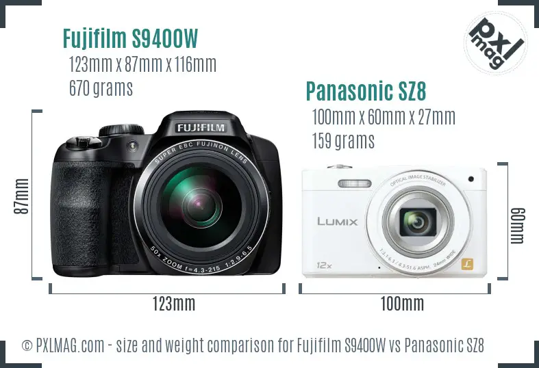 Fujifilm S9400W vs Panasonic SZ8 size comparison