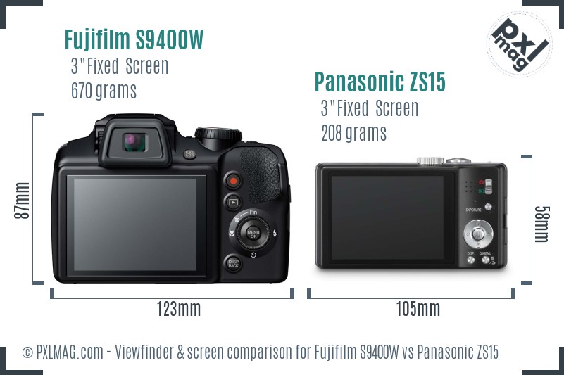 Fujifilm S9400W vs Panasonic ZS15 Screen and Viewfinder comparison