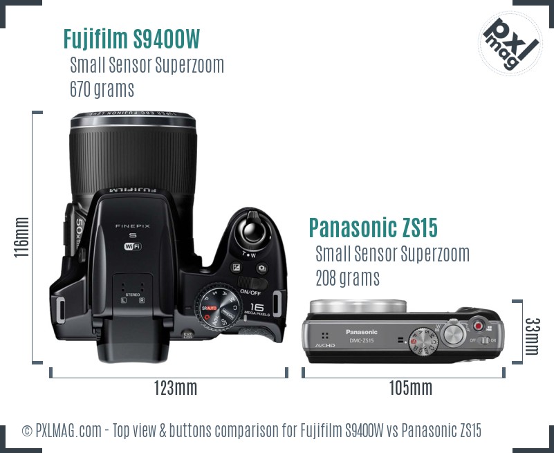 Fujifilm S9400W vs Panasonic ZS15 top view buttons comparison