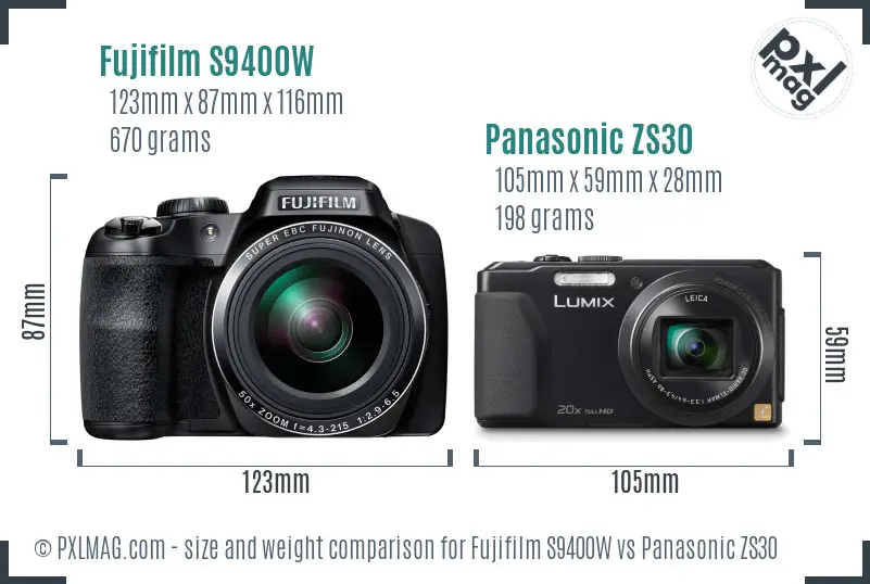 Fujifilm S9400W vs Panasonic ZS30 size comparison