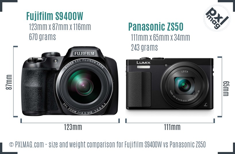 Fujifilm S9400W vs Panasonic ZS50 size comparison
