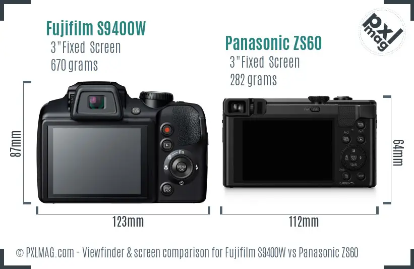 Fujifilm S9400W vs Panasonic ZS60 Screen and Viewfinder comparison